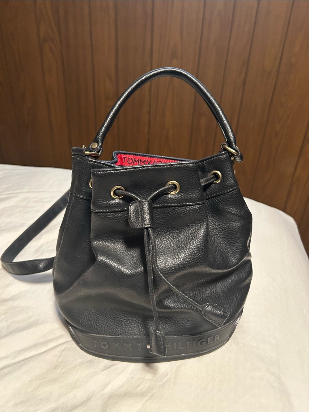 Tommy Hilfiger Black Pebbled Leather Drawstring Bucket Bag